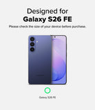 Galaxy S26 FE Camera Protector | Camera Full Cover Tempered Glass (2P) - A promotional graphic for a Samsung Galaxy S26 FE smartphone, showing the back and front views of the phone in a blue-purple gradient color. Text at the top reads 'Designed for Galaxy S26 FE' with a warning to check the size of the device before purchase, and 'Galaxy S26 FE' is labeled at the bottom with a green ring icon.