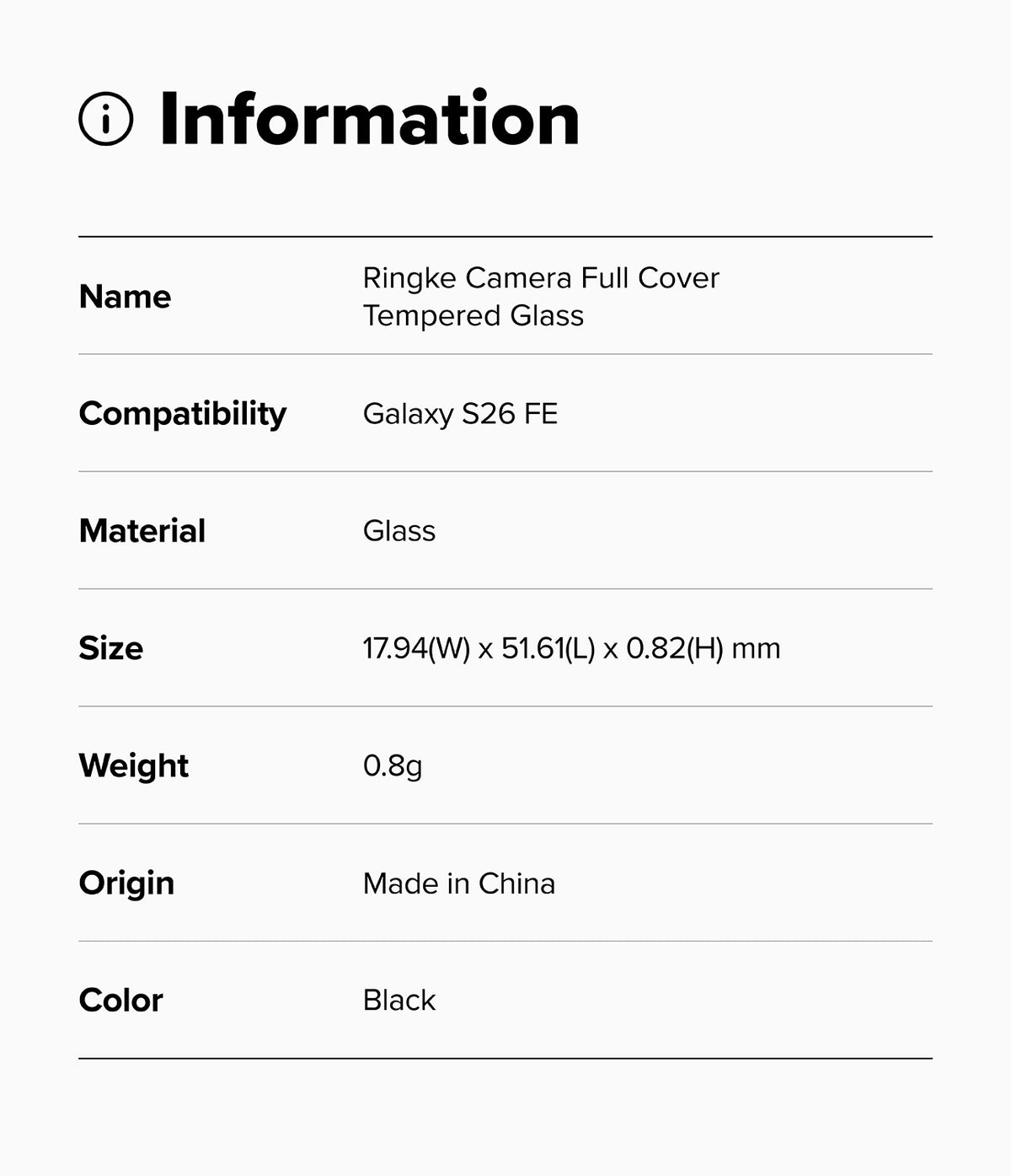 Galaxy S26 FE Camera Protector | Camera Full Cover Tempered Glass (2P) - A product information card for a Ringke Camera Full Cover Tempered Glass, compatible with Google Pixel 11 Pro. The card lists the product name, compatibility, material (glass), dimensions, weight (2.