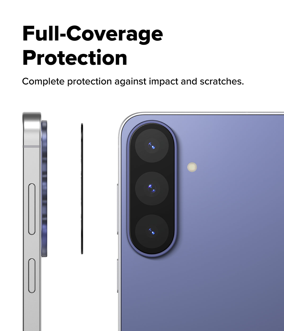 Galaxy S26 FE Camera Protector | Camera Full Cover Tempered Glass (2P) - A promotional graphic for a phone camera protector showing a close-up of a purple smartphone with three rear camera lenses and text reading 'Full-Coverage Protection' and 'Complete protection against impact and scratches.'.