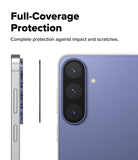 Galaxy S26 FE Camera Protector | Camera Full Cover Tempered Glass (2P) - A promotional graphic for a phone camera protector showing a close-up of a purple smartphone with three rear camera lenses and text reading 'Full-Coverage Protection' and 'Complete protection against impact and scratches.'.