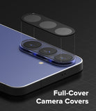 Galaxy S26 FE Camera Protector | Camera Full Cover Tempered Glass (2P) - A close-up render of a smartphone showing a full-cover camera protector overlay above the rear camera module, with the text 'Full-Cover Camera Covers' on a dark background.