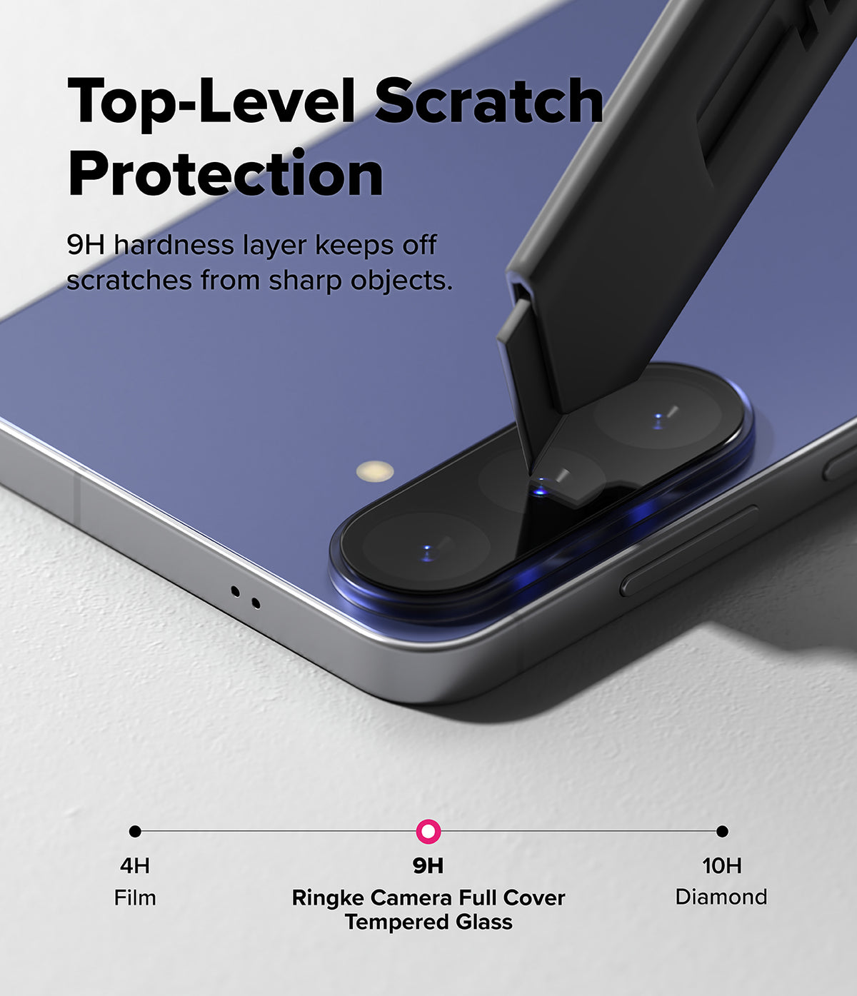Galaxy S26 FE Camera Protector | Camera Full Cover Tempered Glass (2P) - Close-up of a smartphone camera area with a black hard protective cover applied over the lens module. Large text reads 'Top-Level Scratch Protection' and '9H hardness layer keeps off scratches from sharp objects.