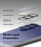 Galaxy S26 FE Camera Protector | Camera Full Cover Tempered Glass (2P) - A close-up promotional graphic showing a smartphone camera lens protector assembly with layered transparent and black protective films labeled for oleophobic coating, 9H tempered glass, anti-light leak silk screen print, and shatterproof AB film. Large text reads 'Multi-Layer Protection' with a blue phone body visible in the foreground.