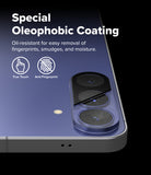 Galaxy S26 FE Camera Protector | Camera Full Cover Tempered Glass (2P) - Close-up of a smartphone camera area with text reading 'Special Oleophobic Coating' and icons for 'True Touch' and 'Anti-Fingerprint' on a black background.