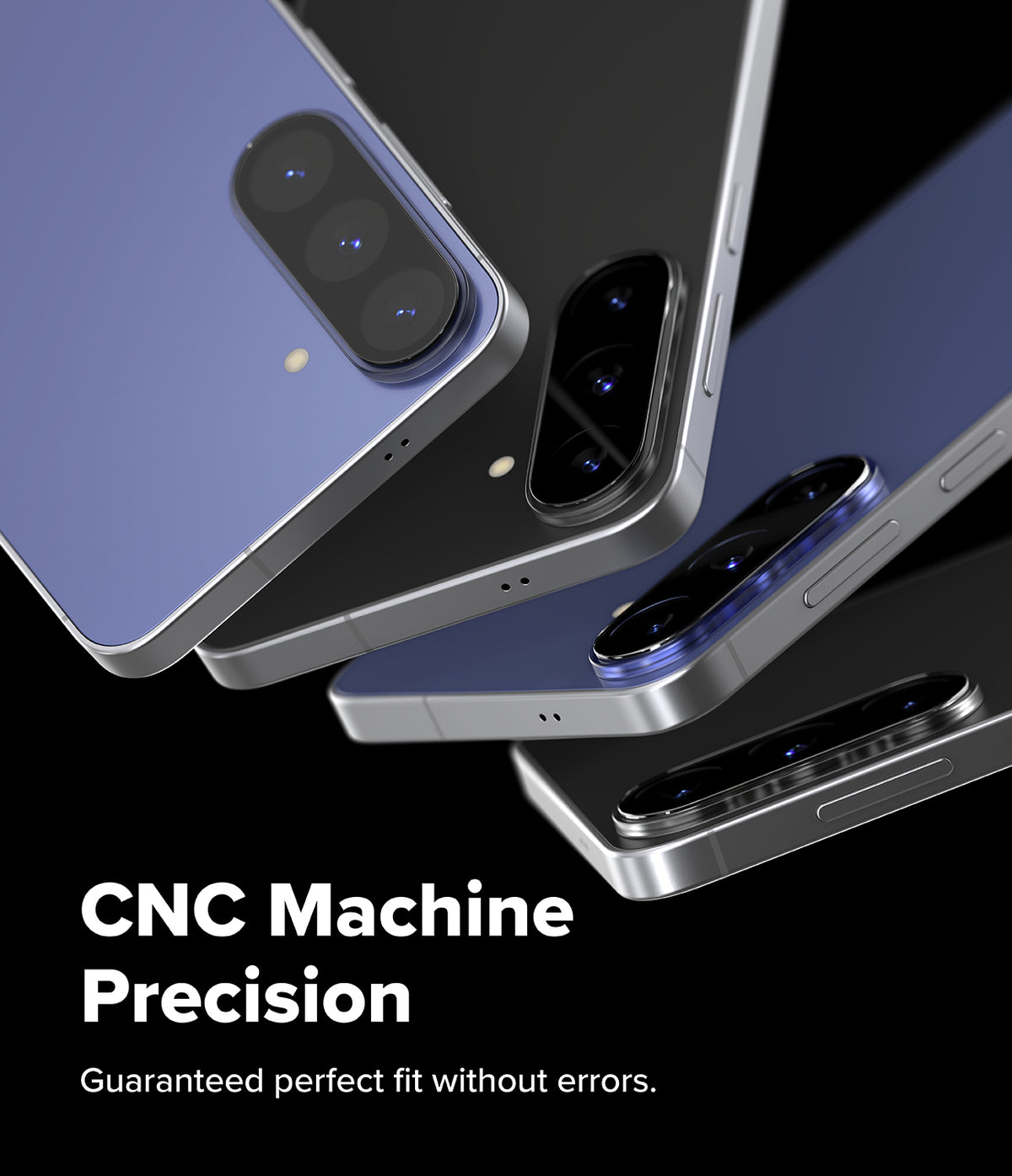 Galaxy S26 FE Camera Protector | Camera Full Cover Tempered Glass (2P) - Three smartphones shown at an angle on a black background, with large camera cutouts and a blue-purple back panel. White text reads 'CNC Machine Precision' and 'Guaranteed perfect fit without errors.
