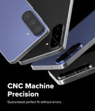 Galaxy S26 FE Camera Protector | Camera Full Cover Tempered Glass (2P) - Three smartphones shown at an angle on a black background, with large camera cutouts and a blue-purple back panel. White text reads 'CNC Machine Precision' and 'Guaranteed perfect fit without errors.