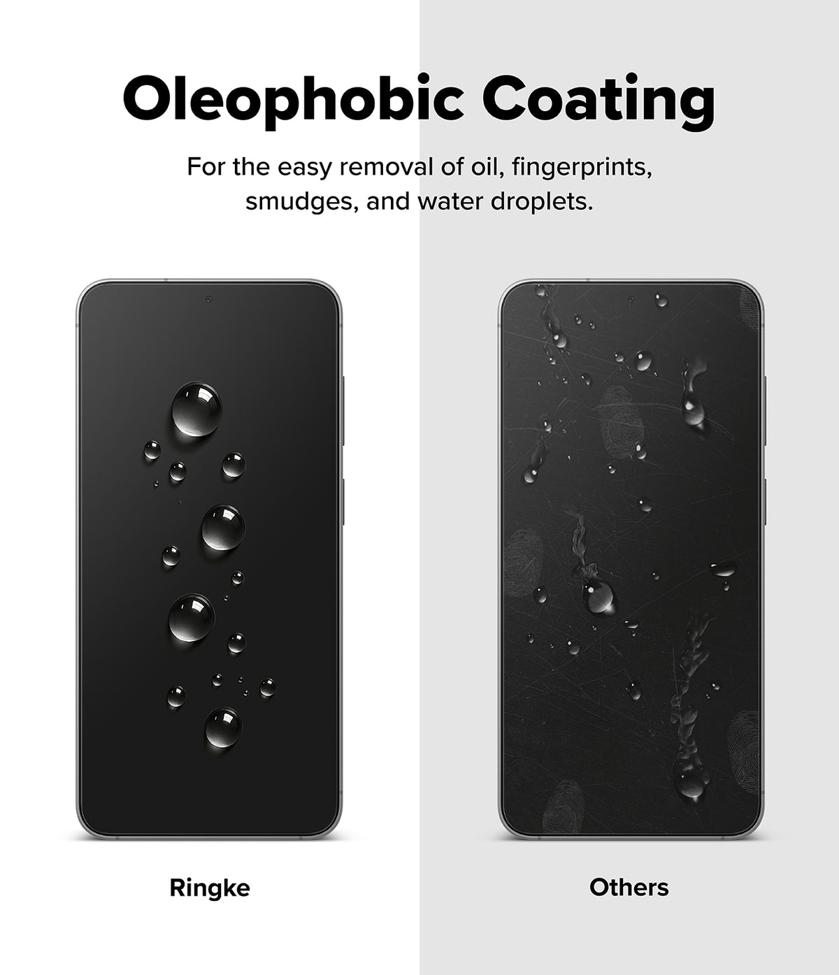 Galaxy S26 FE Screen Protector | Easy Slide Tempered Glass (2P) - Promotional graphic for oleophobic coating on a smartphone screen, showing two black phone mockups side by side with water droplets. The left phone is labeled 'Ringke' and shows water droplets rolling off easily, while the right phone is labeled 'Others' and shows water droplets staying on the surface.