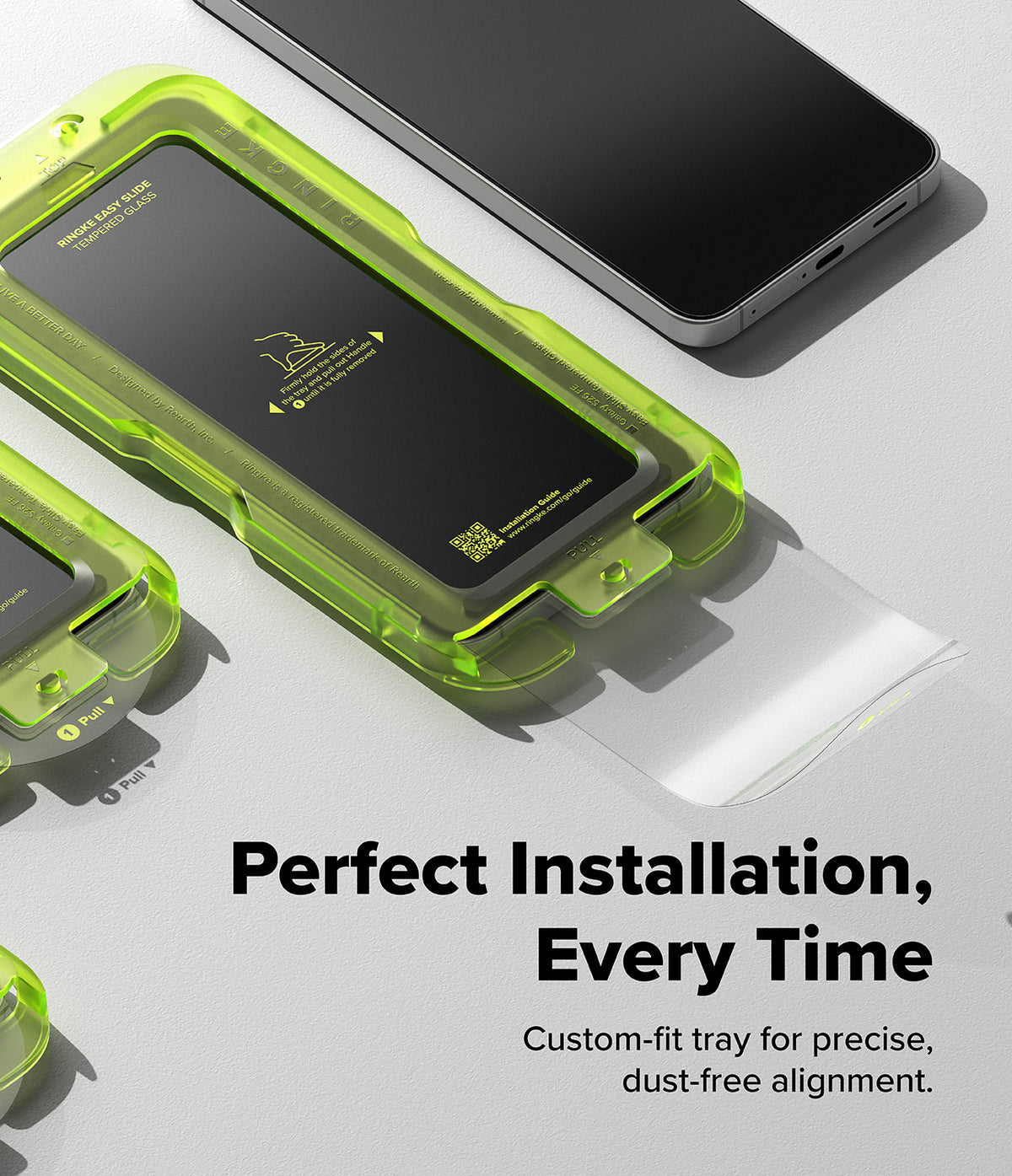 Galaxy S26 FE Screen Protector | Easy Slide Tempered Glass (2P) - A close-up promotional shot of a bright translucent neon green phone screen protector tray being used to place a clear screen protector onto a smartphone. The image includes marketing text that reads 'Perfect Installation, Every Time' and 'Custom-fit tray for precise, dust-free alignment.