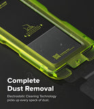 Bundle 15% Galaxy S26 FE Screen Protector | Easy Slide Tempered Glass all-groups - Close-up of a translucent neon green protective film or case layer applied over a black rectangular panel, with marketing text reading 'Complete Dust Removal' and 'Electrostatic Cleaning Technology picks up every speck of dust.' on a dark background.