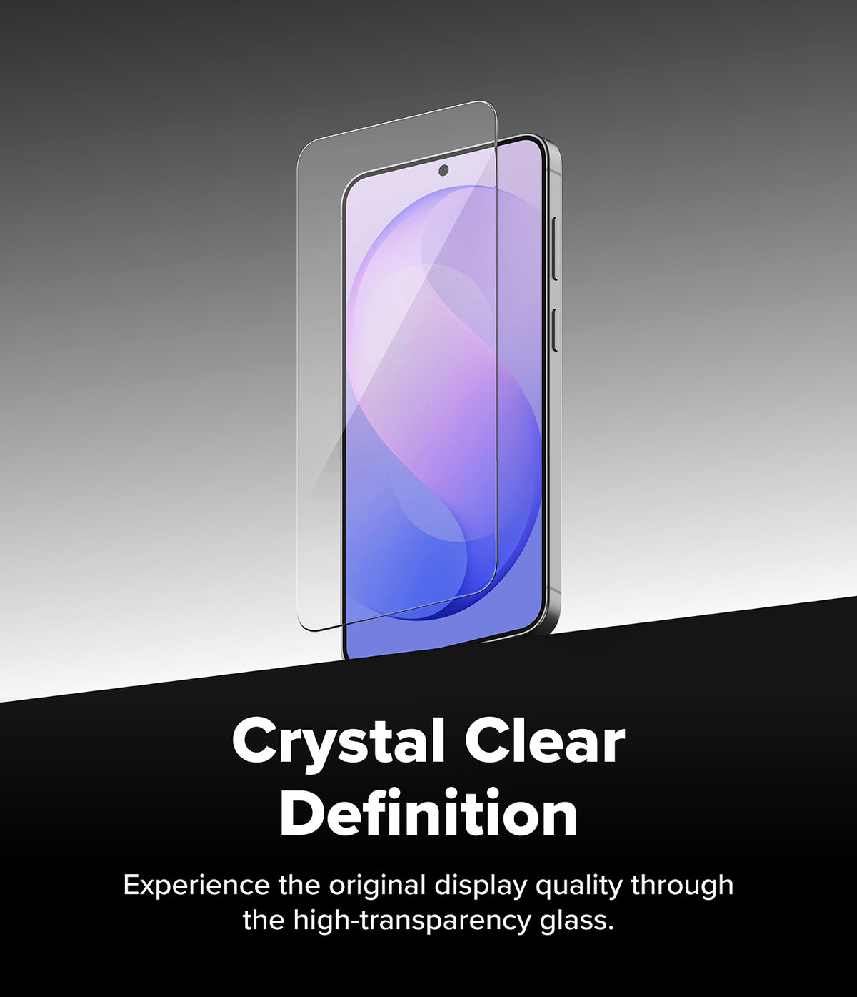 Bundle 15% Galaxy S26 FE Screen Protector | Easy Slide Tempered Glass all-groups - A clear smartphone screen protector shown floating over a phone on a gray-to-black gradient background, with the text 'Crystal Clear Definition' and a smaller supporting slogan below.