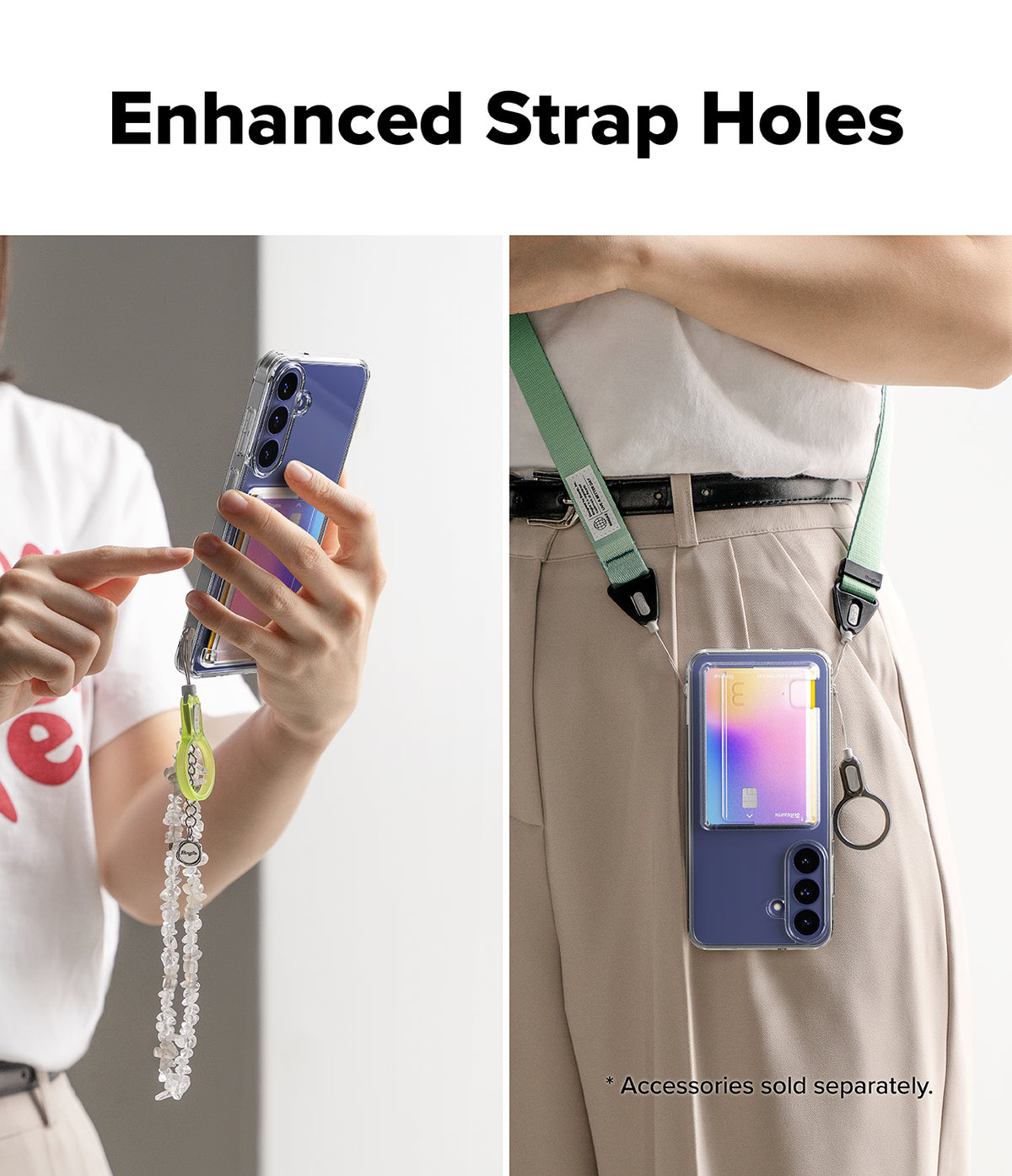Bundle 15% Galaxy S26 FE Case + Screen / Camera Protectors | Fusion Card all-groups - A promotional product image showing a clear phone strap accessory with a dangling charm in two usage views. The left panel shows a person holding a phone with the strap attached, and the right panel shows the strap worn around a person's waist with a phone hanging from it.