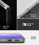 Galaxy S26 FE Case | Fusion Card - Transparent phone case shown in a multi-panel feature graphic. The panels highlight the clear case corner with a black phone insert, covered side buttons, a Samsung Wallet compatibility badge, and precise cutouts for charging and ports.