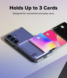Bundle 15% Galaxy S26 FE Case + Screen / Camera Protectors | Fusion Card all-groups - A clear phone case with a built-in card holder and three card slots, shown holding a blue phone, a pink card, and a black card. Text at the top reads 'Holds Up to 3 Cards' and 'Designed for convenient everyday carry.