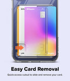 Galaxy S26 FE Case | Fusion Card - A transparent phone case with a quick-access cutout showing a colorful card partially slid out, with text reading 'Easy Card Removal' and smaller descriptive copy below on a pale blue background.