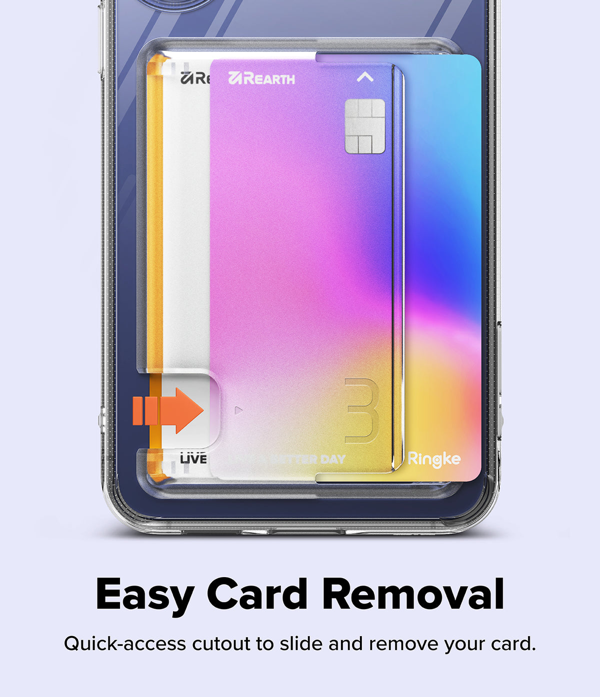 Bundle 15% Galaxy S26 FE Case + Screen / Camera Protectors | Fusion Card all-groups - A transparent phone case with a quick-access cutout showing a colorful card partially slid out, with text reading 'Easy Card Removal' and smaller descriptive copy below on a pale blue background.