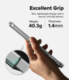 Galaxy S26 FE Case | Fusion Card - A hand holds a slim silver smartphone case against a light gray background, with text reading 'Excellent Grip' and 'Weight 31.2g | Thickness 1.