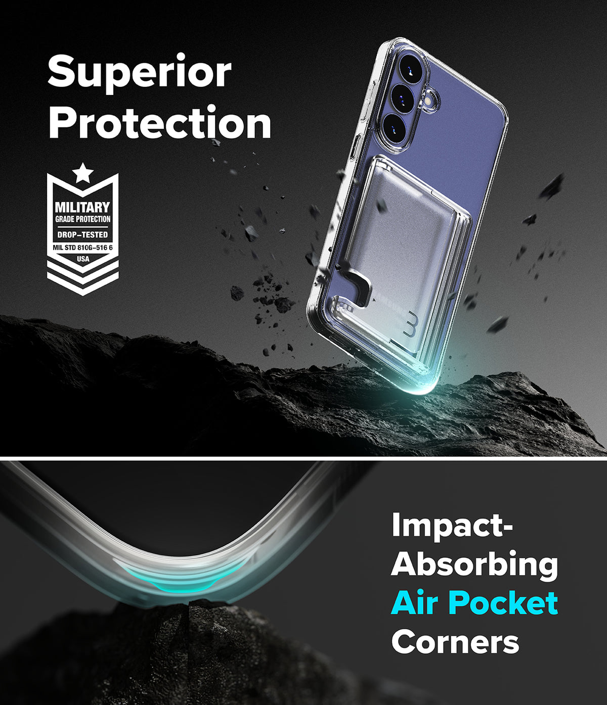 Bundle 15% Galaxy S26 FE Case + Screen / Camera Protectors | Fusion Card all-groups - A clear protective phone case with an integrated air pocket and metallic blue back panel, shown floating above dark rocks with promotional text reading 'Superior Protection' and 'Impact-Absorbing Air Pocket Corners.'.