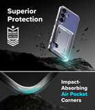 Bundle 15% Galaxy S26 FE Case + Screen / Camera Protectors | Fusion Card all-groups - A clear protective phone case with an integrated air pocket and metallic blue back panel, shown floating above dark rocks with promotional text reading 'Superior Protection' and 'Impact-Absorbing Air Pocket Corners.'.