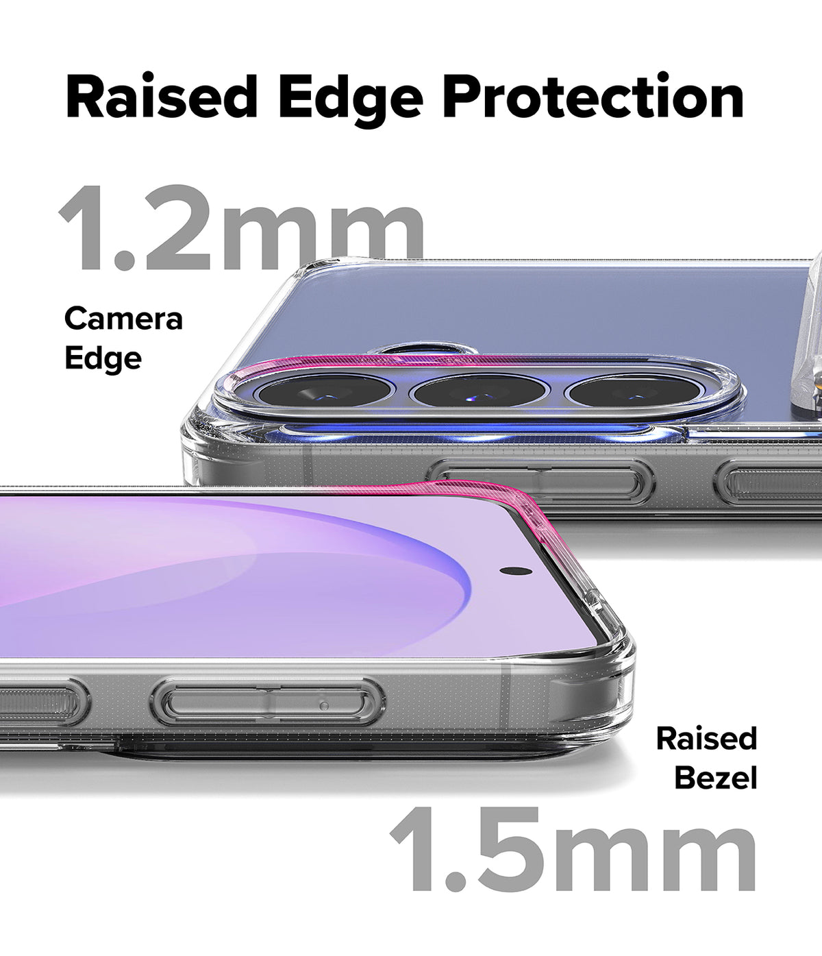 Bundle 15% Galaxy S26 FE Case + Screen / Camera Protectors | Fusion Card all-groups - Transparent phone case with raised edges shown on two smartphone mockups, highlighting 1.2mm camera edge protection and 1.