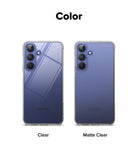 Galaxy S26 FE Case | Fusion - A color comparison graphic showing two views of a Samsung smartphone case on a white background, labeled 'Color' at the top. The left case is labeled 'Clear' and appears transparent with a blue-purple phone underneath visible through it.