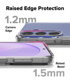 Galaxy S26 FE Case | Fusion - Promotional graphic for a transparent phone case showing two views of a smartphone with a clear case. Large text reads 'Raised Edge Protection', '1.