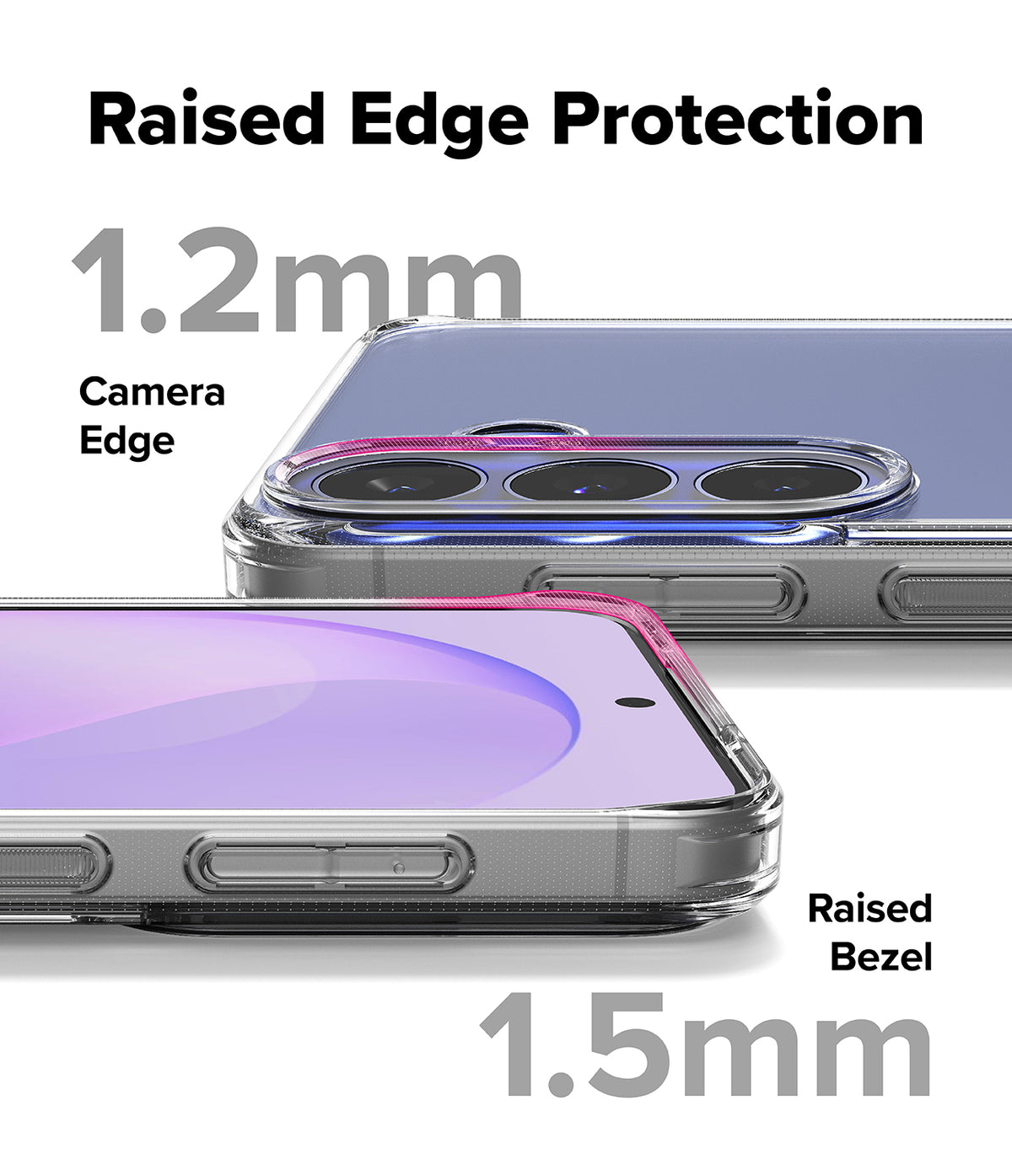 Bundle 15% Galaxy S26 FE Case | Fusion all-groups - Promotional graphic for a transparent phone case showing two views of a smartphone with a clear case. Large text reads 'Raised Edge Protection', '1.