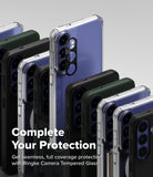 Galaxy S26 FE Case | Fusion - A promotional product image showing multiple smartphone cases in different colors and finishes, including clear, black, dark green, and blue, arranged in a fan-like composition. The text overlay reads 'Complete Your Protection' and 'Get seamless, full coverage protection with Ringke Camera Tempered Glass.