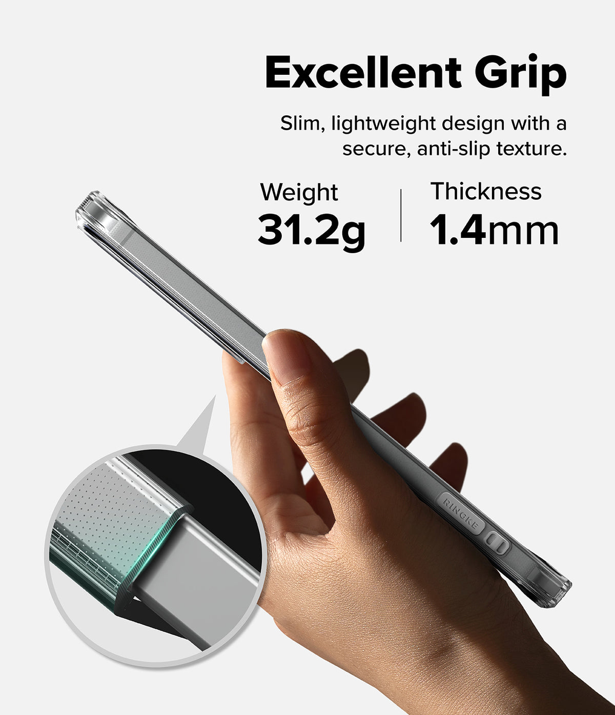 Bundle 15% Galaxy S26 FE Case + Screen / Camera Protectors | Fusion 
Matte all-groups - A hand holds a slim silver smartphone case against a light gray background, with text reading 'Excellent Grip' and 'Weight 31.2g | Thickness 1.