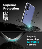 Galaxy S26 FE Case | Fusion Matte - A clear protective phone case with a blue-to-purple gradient back panel, shown floating above dark rocks in a promotional graphic. Text reads 'Superior Protection' and 'Impact-Absorbing Air Pocket Corners,' with a military drop-test badge on the left.