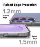 Bundle 15% Galaxy S26 FE Case + Screen / Camera Protectors | Fusion 
Matte all-groups - Promotional graphic for a transparent phone case showing two views of a smartphone with raised edges. Large text reads 'Raised Edge Protection', '1.