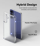 Galaxy S26 FE Case | Fusion Matte - A clear hybrid phone case shown beside a blue smartphone on a light gray background, with text reading 'Hybrid Design' and callouts for 'Flexible TPU Frame' and 'Hard PC Back'.