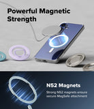 Galaxy S26 FE Case | Fusion Magnetic - A clear smartphone case with built-in magnetic ring stands and a blue magnetic charging pad, shown on a phone. The image includes marketing text reading 'Powerful Magnetic Strength' and 'N52 Magnets' with a dark blue lower section showing magnetic ring details.