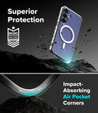 Bundle 15% Galaxy S26 FE Case + Screen / Camera Protectors | Fusion Magnetic all-groups - A clear protective phone case with a circular MagSafe ring is shown on a smartphone against a dark rocky background. Text reads 'Superior Protection' and 'Impact-Absorbing Air Pocket Corners,' with a military drop-test badge on the left.