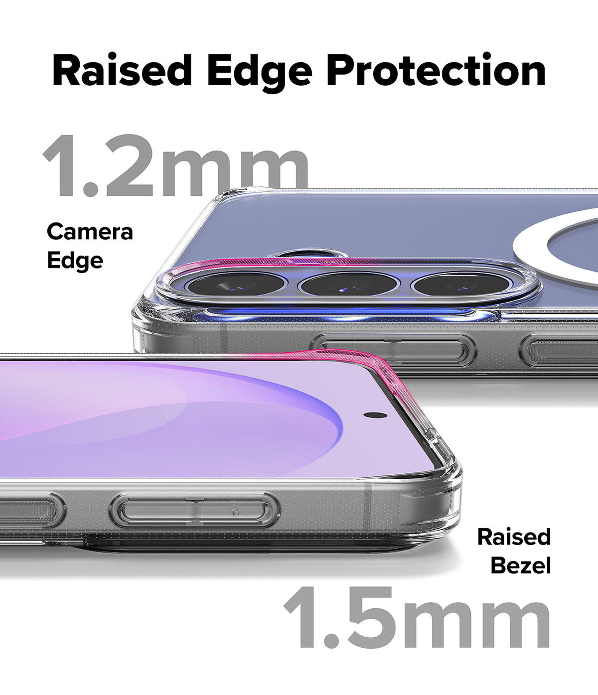 Bundle 15% Galaxy S26 FE Case + Screen / Camera Protectors | Fusion Magnetic all-groups - Transparent phone case with raised edge protection shown on a smartphone, with text labels indicating 1.2mm camera edge protection and 1.