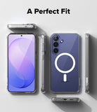 Galaxy S26 FE Case | Fusion Magnetic - A clear phone case shown on a smartphone from multiple angles, with the back view featuring a large white circular MagSafe-style ring graphic. The image includes the text 'A Perfect Fit' at the top and is set on a clean light gray background.
