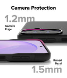 Galaxy S26 FE Case | Onyx - Black phone camera protection case shown from the back and side, with text overlays indicating 1.2mm camera edge protection and 1.