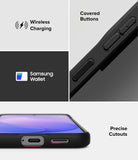 Galaxy S26 FE Case | Onyx - A black protective phone case shown in a four-panel feature graphic. The panels highlight wireless charging, covered buttons, Samsung Wallet compatibility, and precise cutouts.