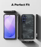 Galaxy S26 FE Case | Onyx - A phone case shown from multiple angles with the text 'A Perfect Fit' at the top. The case has a dark gray and black camouflage pattern on the back and is displayed on a smartphone, alongside side and bottom views, on a light gray background.