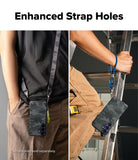 Bundle 15% Galaxy S26 FE Case + Screen / Camera Protectors | Onyx all-groups - A promotional split-panel image showing a phone case with a dark camouflage pattern and an enhanced strap loop. The left panel shows the case hanging from a shoulder strap worn by a person, while the right panel shows the case hanging from a blue loop attached to a ladder rail held by a person's hand.
