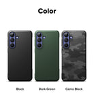 Galaxy S26 FE Case | Onyx - Three phone cases shown side by side under the heading 'Color' on a white background, labeled Black, Dark Green, and Camo Black. The left case is matte black, the middle case is dark green, and the right case has a dark gray and black camouflage pattern.
