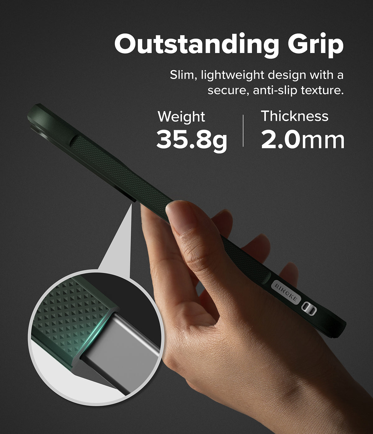 Bundle 15% Galaxy S26 FE Case + Screen / Camera Protectors | Onyx all-groups - A hand holds a dark green textured phone case against a dark gray background, with promotional text reading 'Outstanding Grip' and a circular inset showing the textured grip detail.