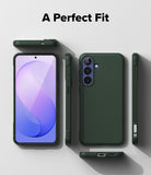 Galaxy S26 FE Case | Onyx - A dark green phone case shown from multiple angles on a light gray background, with the text 'A Perfect Fit' at the top. The case is displayed on a smartphone, with front, side, and back views.