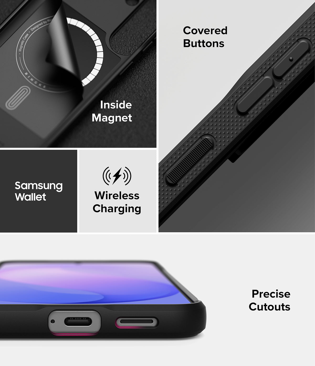 Bundle 15% Galaxy S26 FE Case + Screen / Camera Protectors | Onyx Magnetic all-groups - A multi-panel product feature graphic for a black protective phone case. The panels show close-ups of the case's interior magnetic ring, covered buttons, precise cutouts for a Samsung Wallet and wireless charging, and the overall black color of the case.