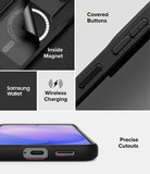 Bundle 15% Galaxy S26 FE Case + Screen / Camera Protectors | Onyx Magnetic all-groups - A multi-panel product feature graphic for a black protective phone case. The panels show close-ups of the case's interior magnetic ring, covered buttons, precise cutouts for a Samsung Wallet and wireless charging, and the overall black color of the case.