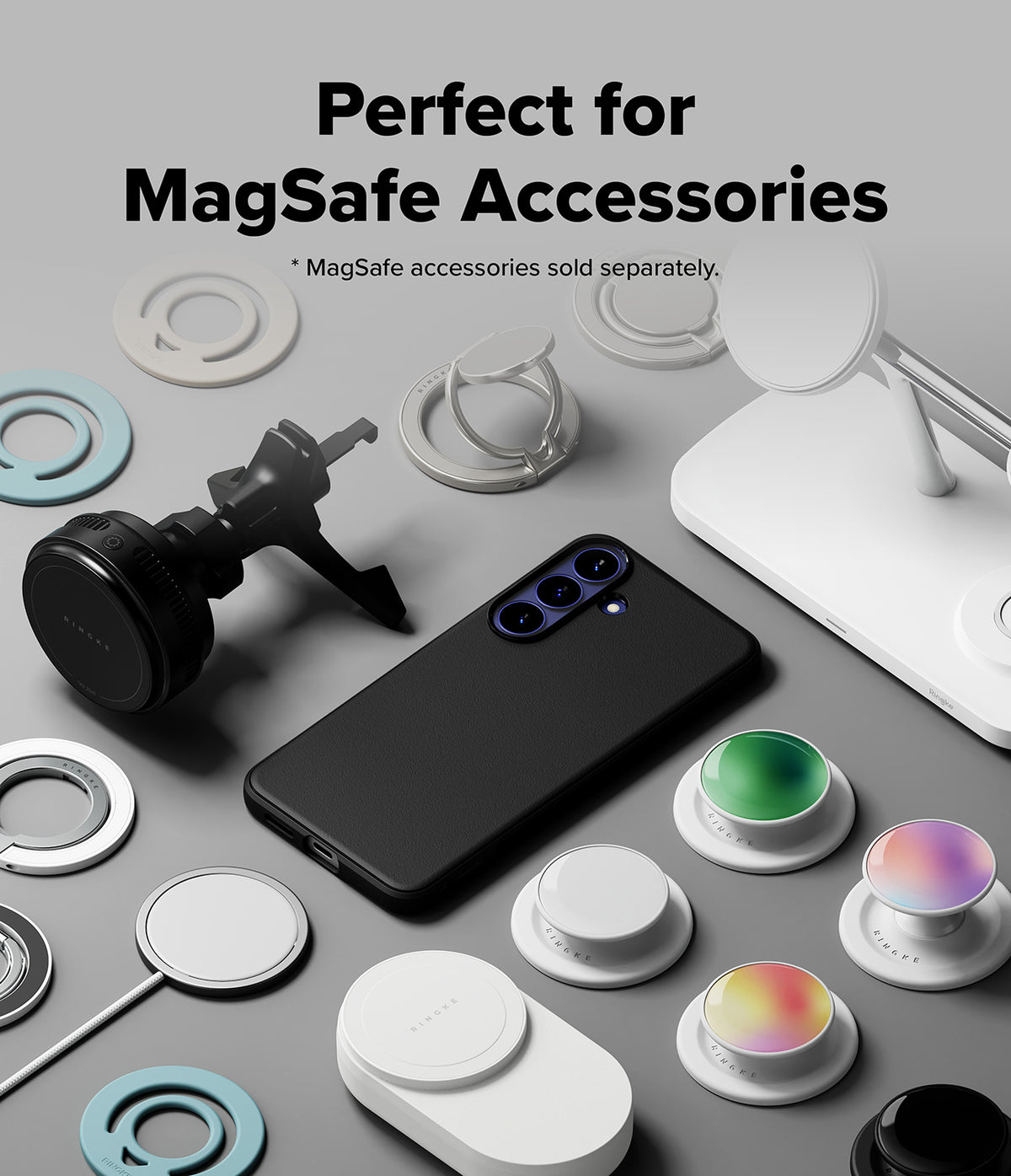 Bundle 15% Galaxy S26 FE Case + Screen / Camera Protectors | Onyx Magnetic all-groups - A black smartphone shown with a black MagSafe-compatible ring mount and surrounded by various white and colored MagSafe accessories on a light gray background, with text reading 'Perfect for MagSafe Accessories.'.