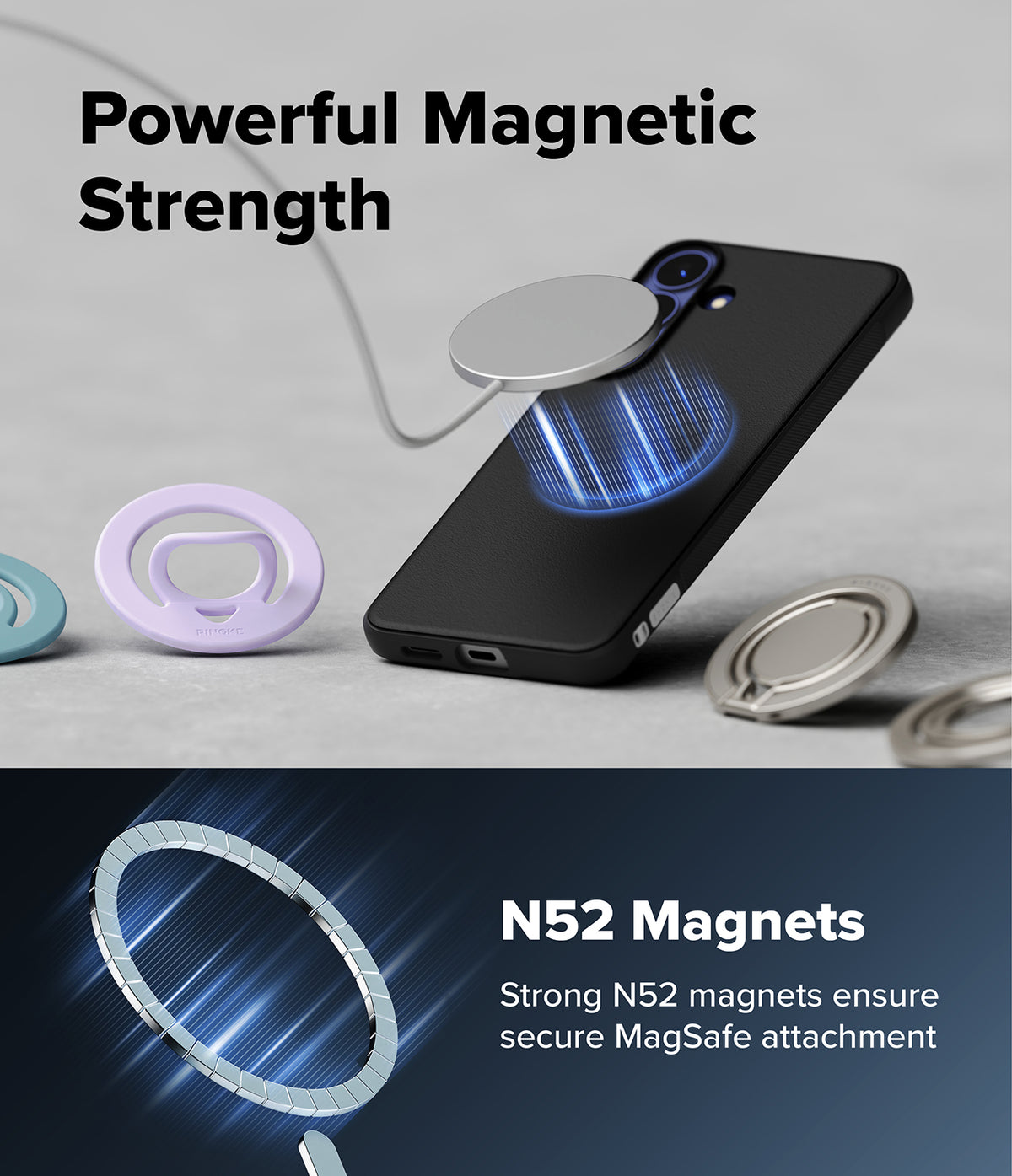 Bundle 15% Galaxy S26 FE Case + Screen / Camera Protectors | Onyx Magnetic all-groups - A black smartphone case with a built-in circular MagSafe-style magnetic ring, shown floating above a phone. The image includes marketing text reading 'Powerful Magnetic Strength' and 'N52 Magnets' with blue glow effects, plus smaller views of the ring in pastel and metallic finishes on a light gray background.
