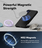 Bundle 15% Galaxy S26 FE Case + Screen / Camera Protectors | Onyx Magnetic all-groups - A black smartphone case with a built-in circular MagSafe-style magnetic ring, shown floating above a phone. The image includes marketing text reading 'Powerful Magnetic Strength' and 'N52 Magnets' with blue glow effects, plus smaller views of the ring in pastel and metallic finishes on a light gray background.
