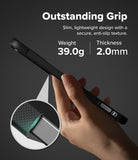 Galaxy S26 FE Case | Onyx Magnetic - A hand holding a slim black phone case against a dark gray background, with marketing text reading 'Outstanding Grip' and feature callouts including weight 35.8g and thickness 2.