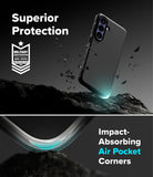 Bundle 15% Galaxy S26 FE Case + Screen / Camera Protectors | Onyx Magnetic all-groups - A dark gray smartphone case shown floating above rocky terrain in a dramatic studio-style graphic. Text reads 'Superior Protection' and 'Impact-Absorbing Air Pocket Corners,' with a military drop-test badge on the left.