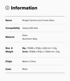 Galaxy S26 Ultra | Camera Lens Frame Glass - Specification table listing product name, compatibility, material, size, weight, origin, and color.
